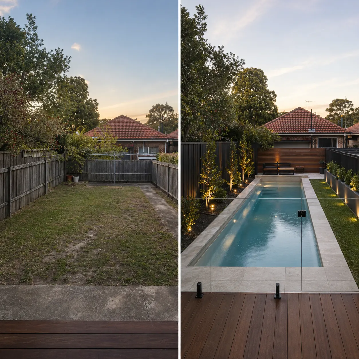 Before and after pool and outdoor area